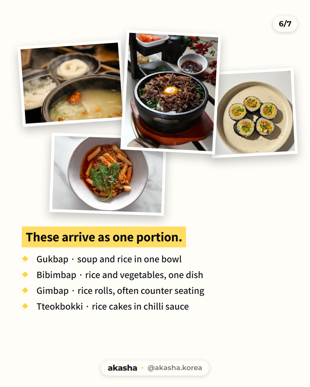 Four Korean dishes that arrive as a single portion: soup and rice, bibimbap, gimbap, tteokbokki