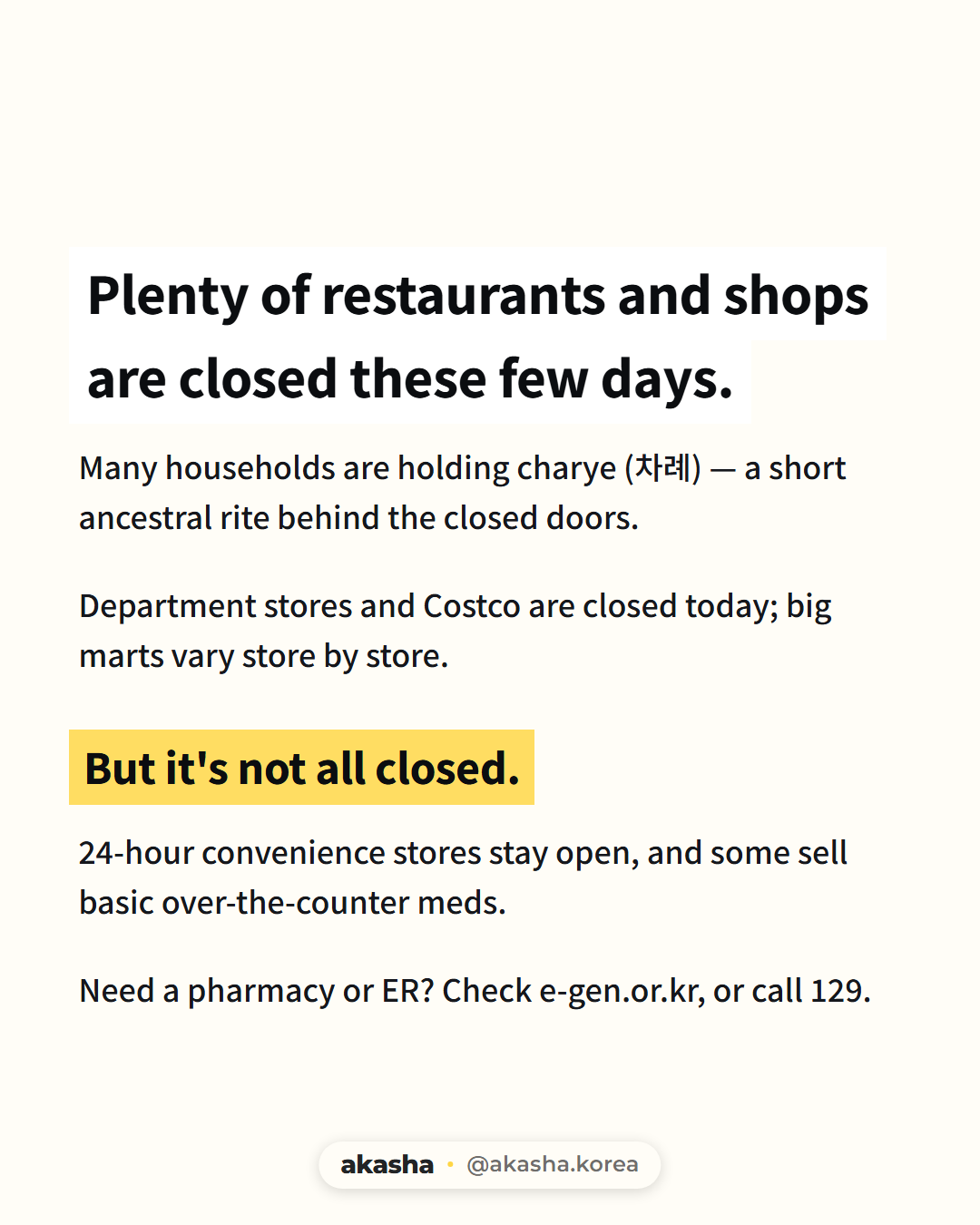 Text card listing what's closed — restaurants and shops shut for charye rites, department stores and Costco closed, big marts varying — and what's open: 24-hour convenience stores with some over-the-counter meds, plus e-gen.or.kr and 129 for a pharmacy or ER.