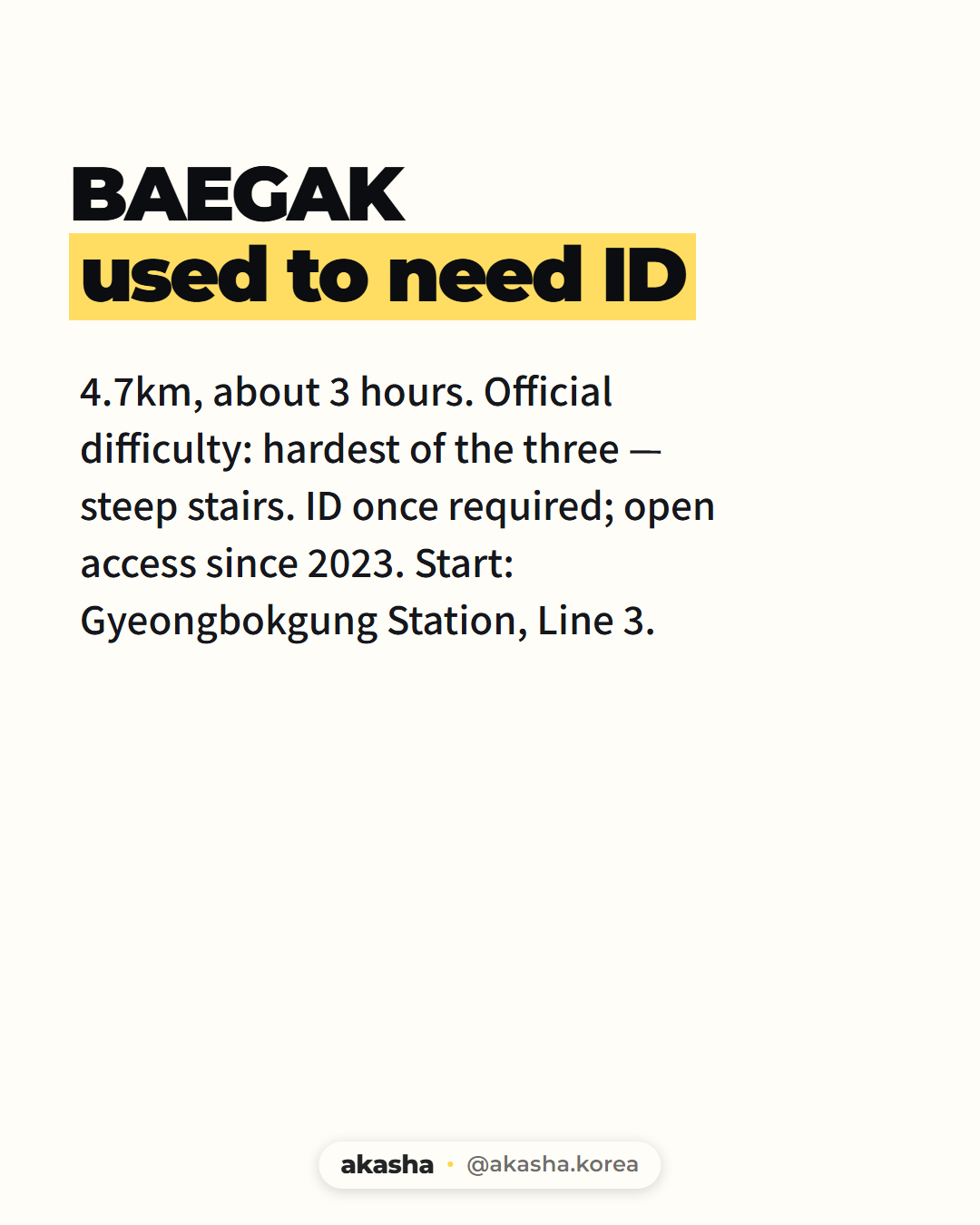 Info card labeled BAEGAK / used to need ID, text-only cream background with no photo, listing 4.7km, about 3 hours, the top ★★★★★ difficulty, steep stairs, a note that ID was once required but access has been open since 2023, and the starting point at Gyeongbokgung Station, Line 3.