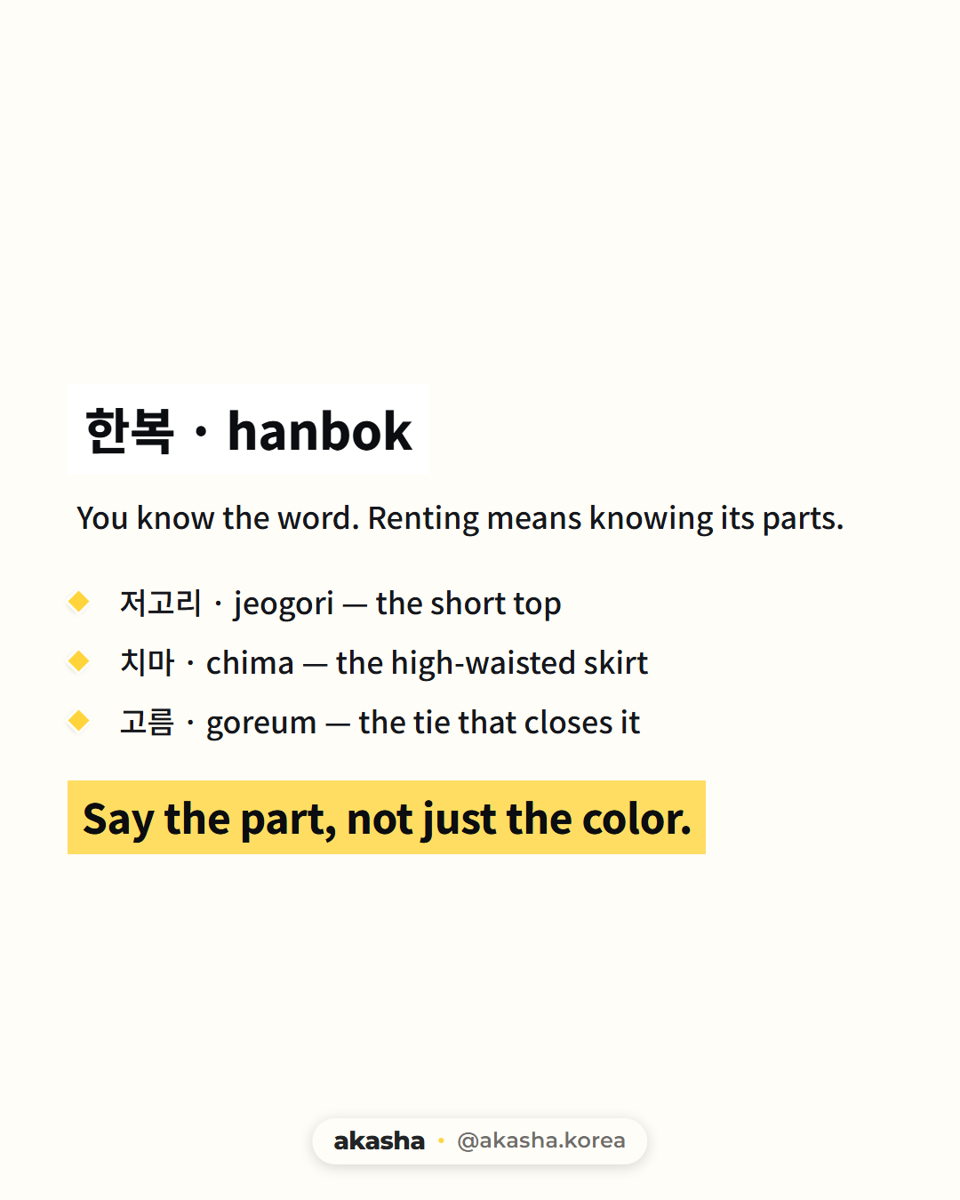 Text-only word card reading 한복 · hanbok, breaking the term into its parts: 저고리 jeogori the short top, 치마 chima the high-waisted skirt, and 고름 goreum the tie that closes it, closing on 'say the part, not just the color.'