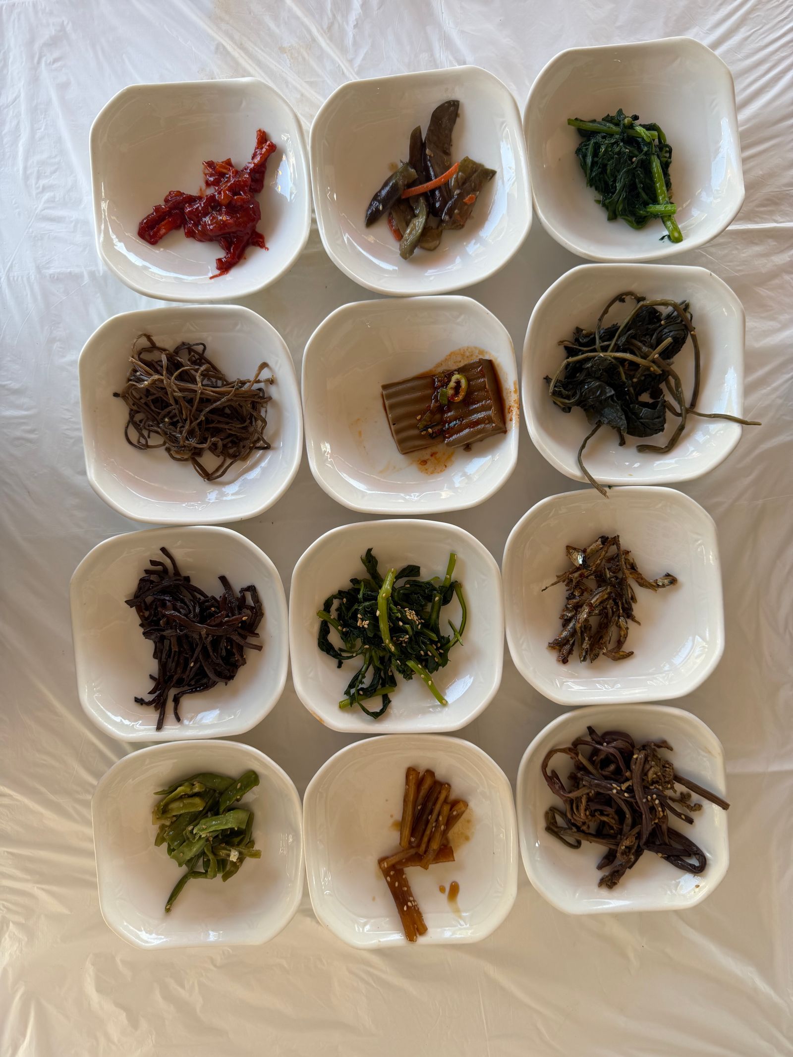 An overhead photograph of twelve small white dishes arranged in rows, mostly seasoned vegetables with one holding stir-fried dried anchovies.